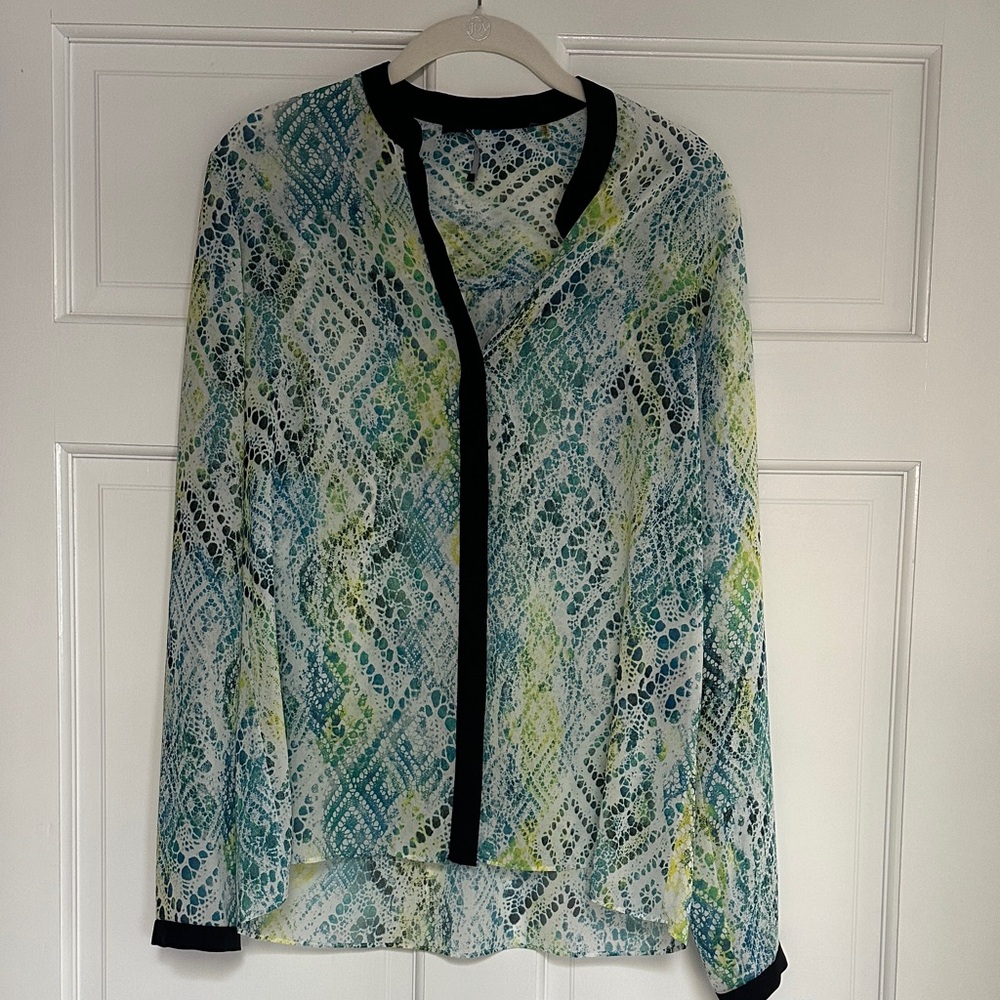 Tahari Blue and Green Sheer Blouse with Black Accents